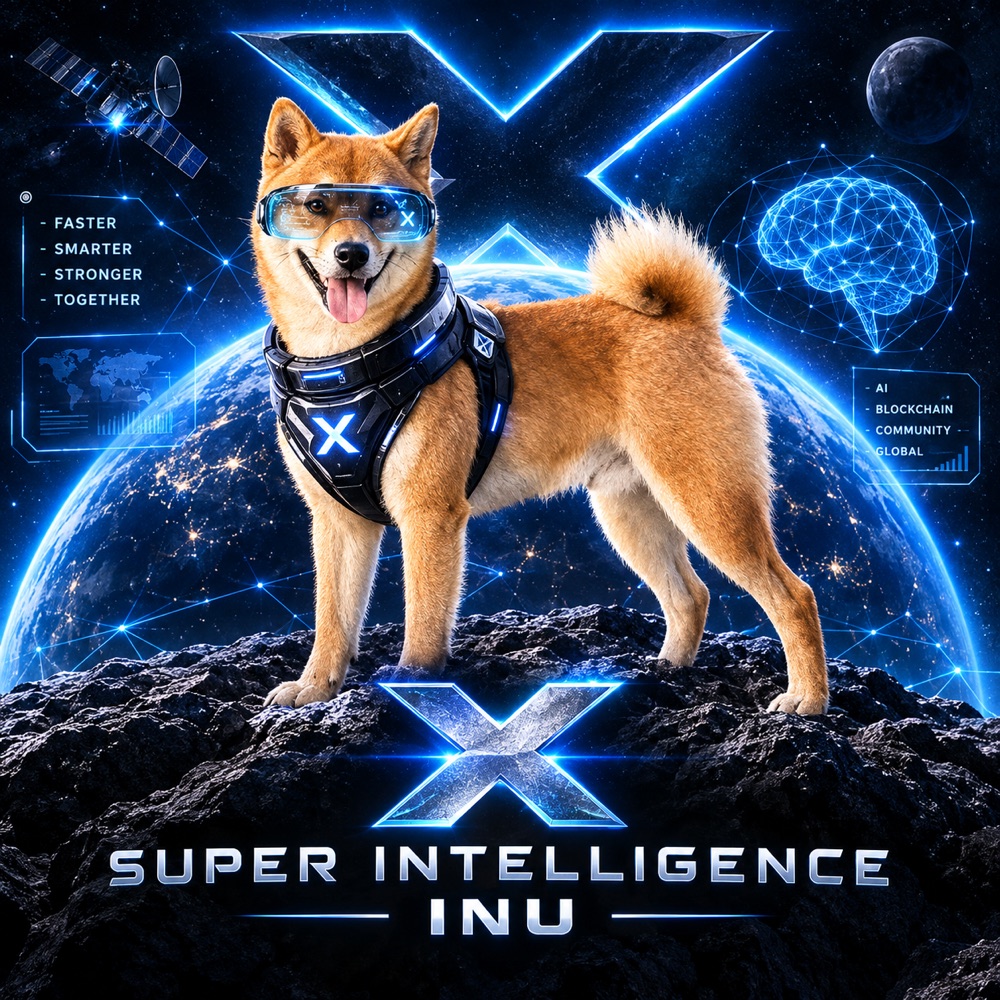 Super Intelligence Inu: a shiba inu in a tactical harness and HUD goggles, standing on an asteroid above Earth
